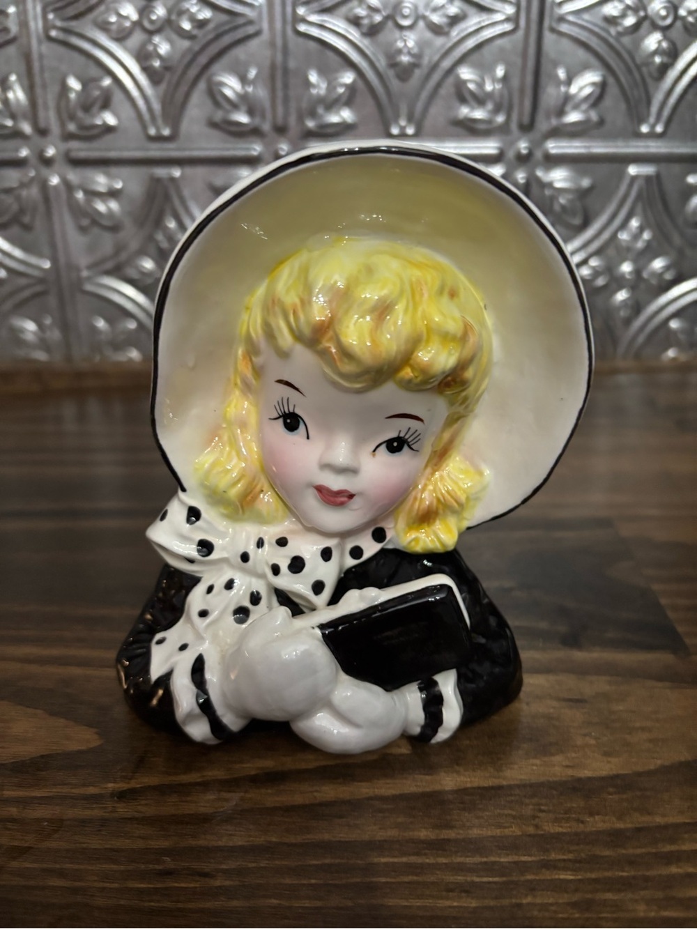 Vintage Ceramic blondeGirl Figurine black dress and polka dot scarf wall pocket